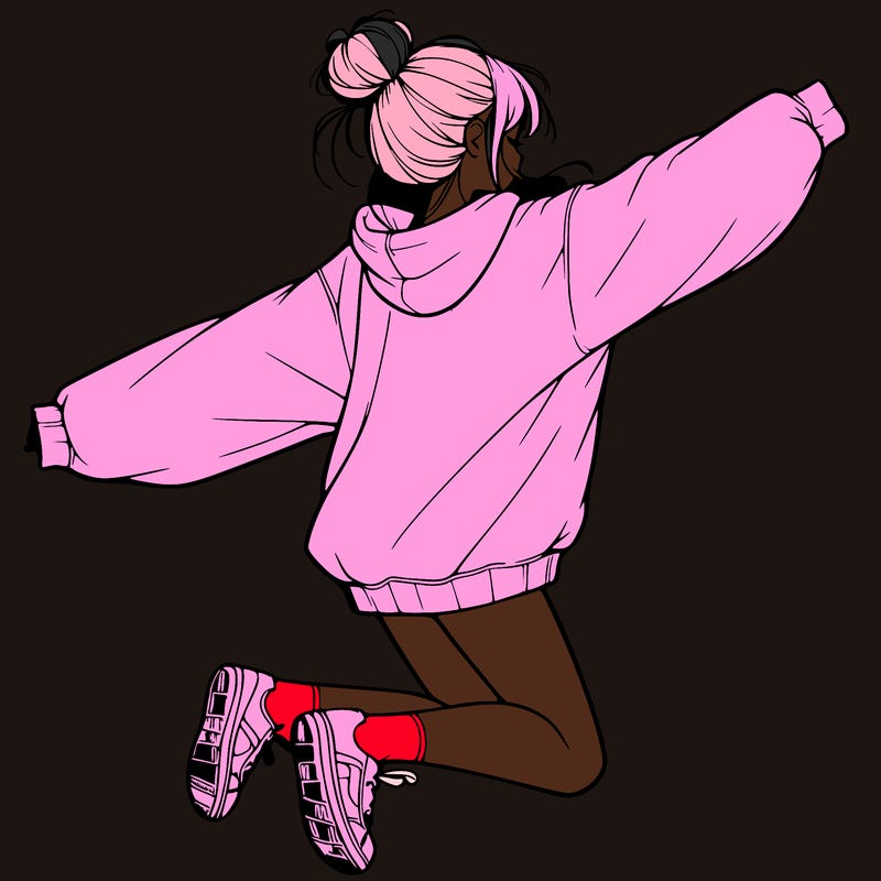 realistic girl jumping with a bun and oversized sweatshirt