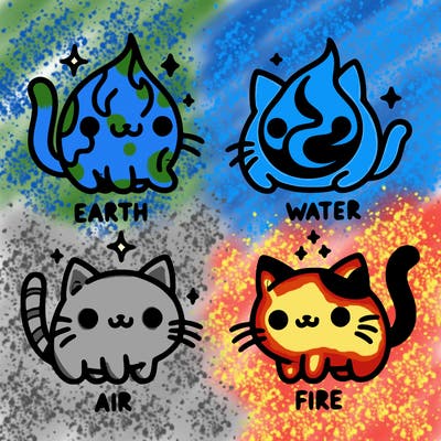 4 cats that represent the different elements, earth, water, air, and fire
