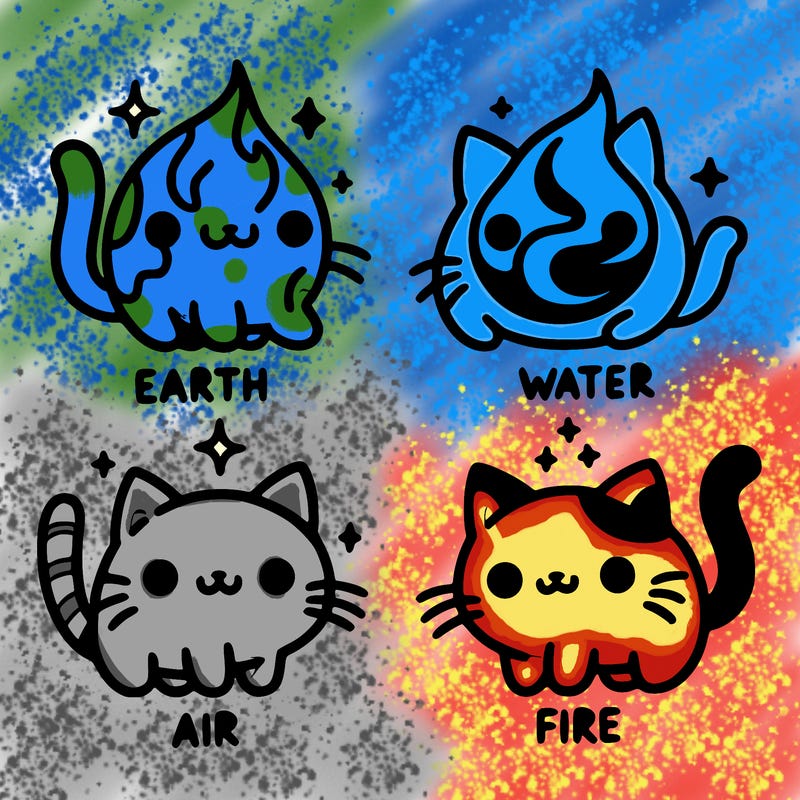 4 cats that represent the different elements, earth, water, air, and fire