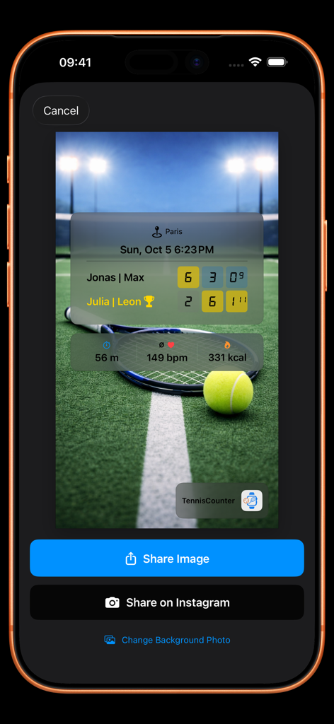 心拍数とカロリーなどのフィットネスデータとスコアを示す iPhone 上の共有可能なテニスの試合概要