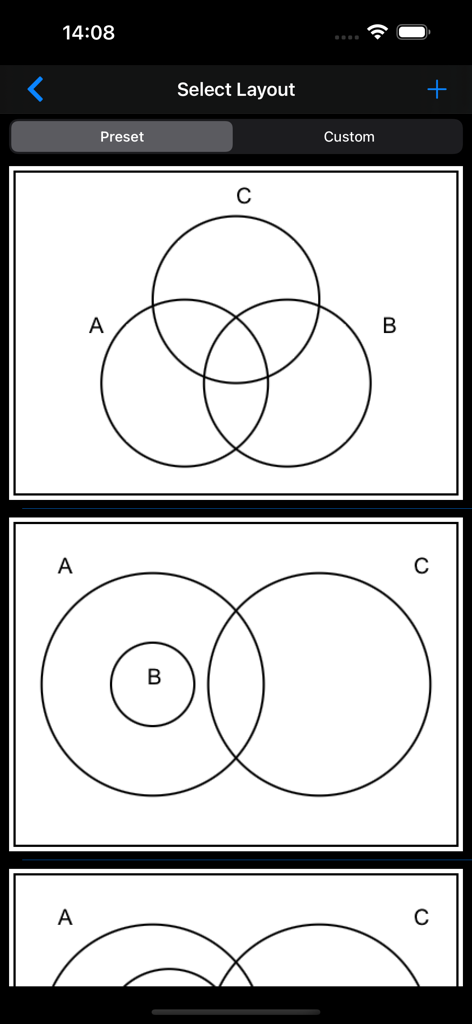 Venn Diagram Shader - Una pantalla de selección de diseños preestablecidos de diagramas de Venn con tres conjuntos.