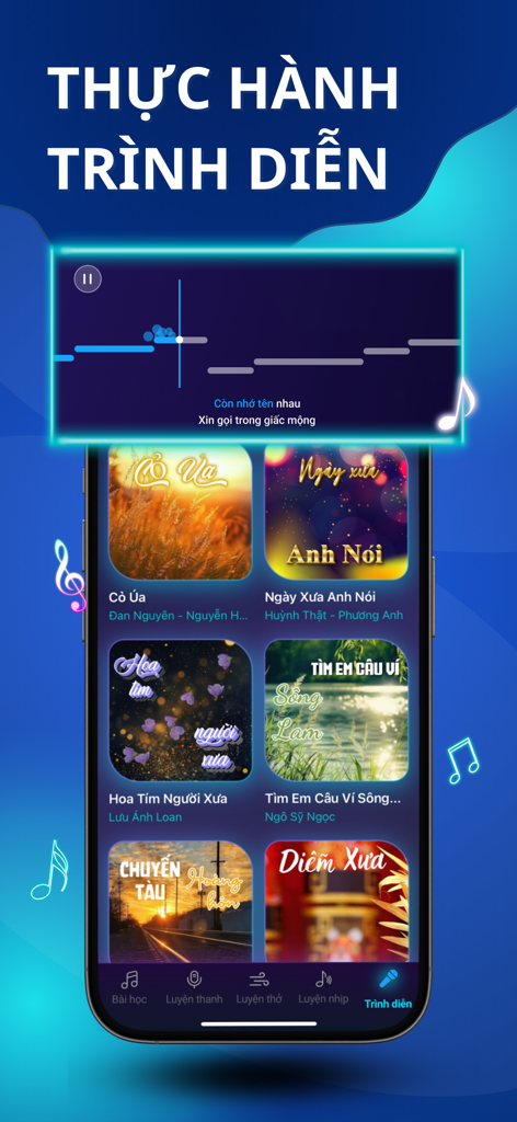 IKARA app performance screen featuring a Vietnamese song library and real-time vocal pitch tracking for karaoke practice