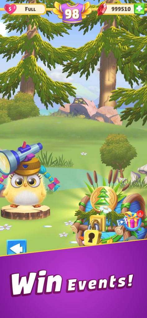 A cute yellow hatchling wearing a telescope hat in a forest clearing for an event.