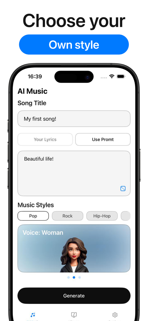 Eleven Labs AI Voice Generator - Interface of the AI music generator app showing options for song title, lyrics, and music styles like Pop and Rock.