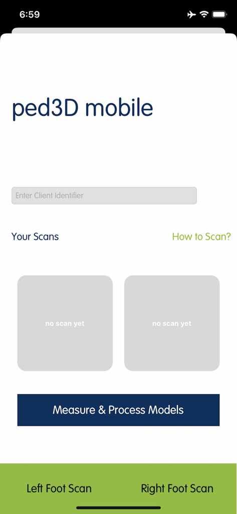 ped3D mobile - Startbildschirm der ped3D mobile App mit Optionen für 3D-Scans des linken und rechten Fußes