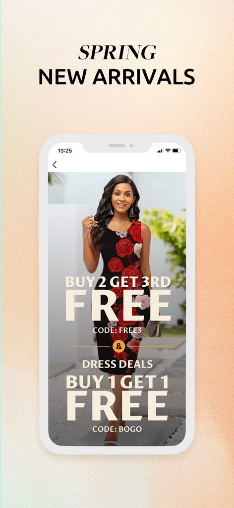 Rosewe app screen showing spring new arrivals and buy one get one free dress deals