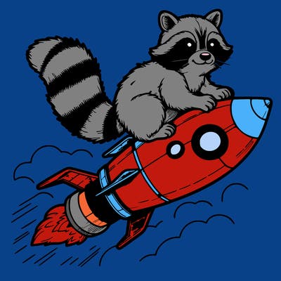 realistic raccoon flying on top rocket ship