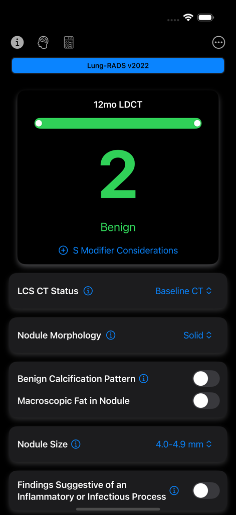 Lung Cancer Screening Guide - Interface of Lung Cancer Screening Guide app showing Lung-RADS v2022 benign category 2 result
