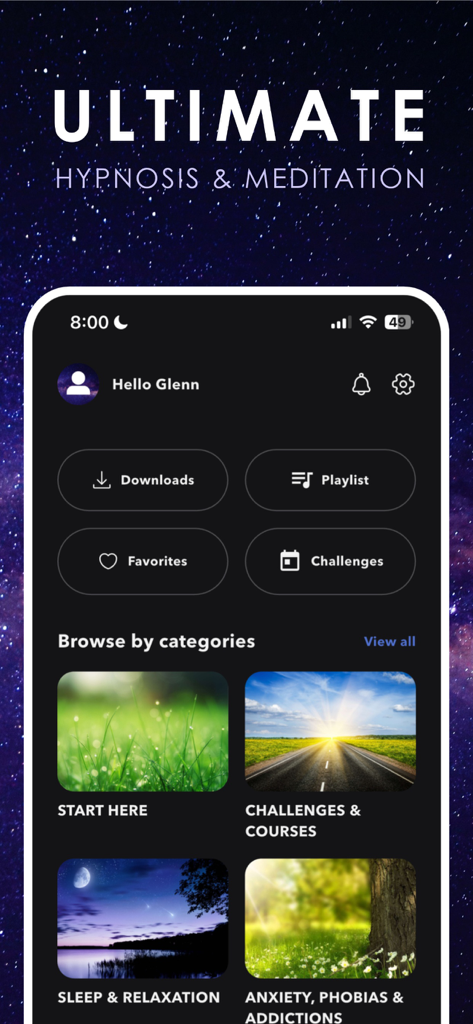 Ultimate Hypnosis, Meditation - Home screen of the Ultimate Hypnosis and Meditation app showcasing categories for sleep and anxiety management.