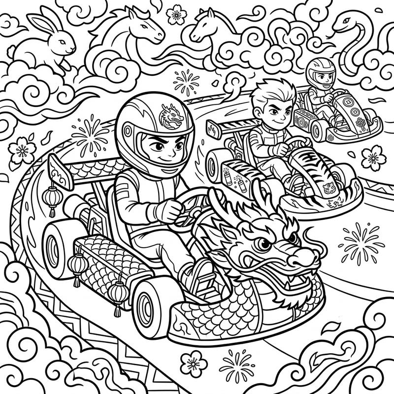 Get ready for an exhilarating ride with our Lunar New Year Kart Racers coloring page! This dynamic scene features young racers in festively decorated karts, perfect for celebrating the holiday.
