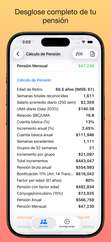 Pantalla detallada de desglose del cálculo de la pensión mensual en la app móvil MiPensión.MX