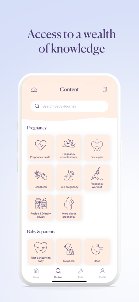 Baby Journey - Pregnant & Baby - Schermata dell'app mobile per Baby Journey con categorie di gravidanza e sviluppo del bambino come guide sulla salute, il parto e il sonno