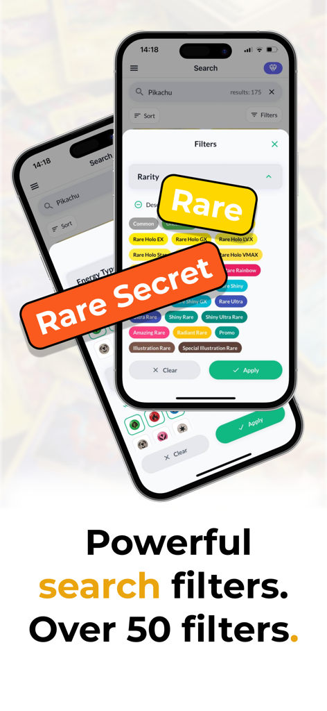 TCG Collector & Card Scanner - Mobile app interface showing advanced search filters for Pokemon TCG cards including rarity and energy type