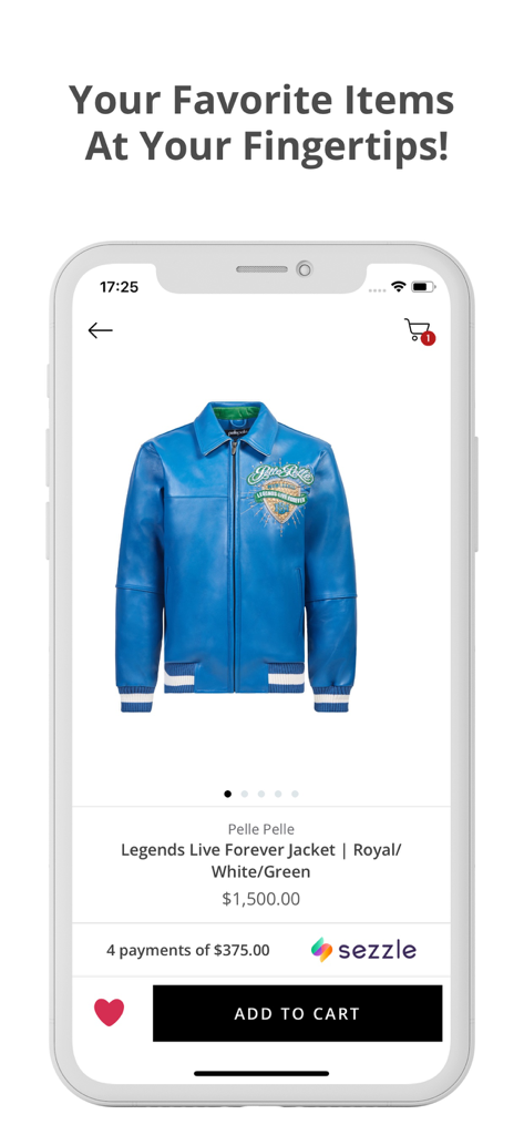 A blue leather jacket shown on the product page of the Capsule Clothing Store mobile app