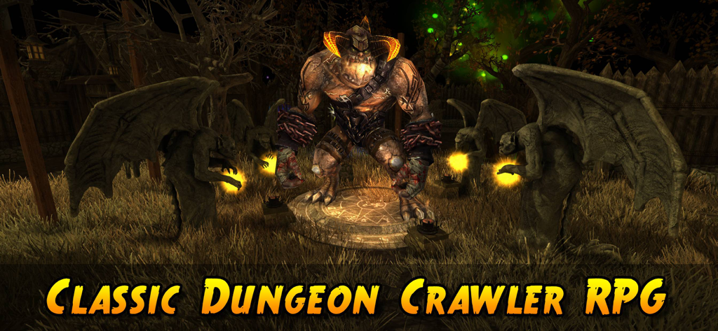 Ein großes gehörntes Monster steht auf einem magischen Kreis, umgeben von Steingargoyles in einer dunklen Fantasy-Umgebung