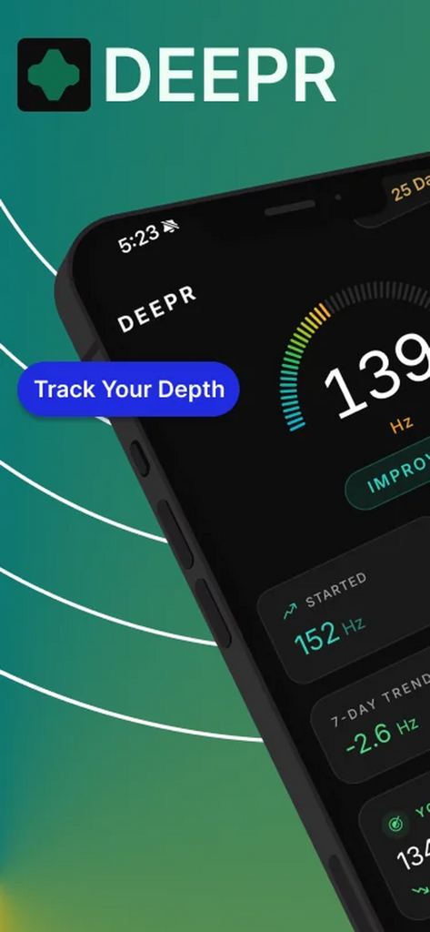 DEEPR - Deep Voice Training - Interfaz de la aplicación DEEPR que muestra el análisis de profundidad de voz en hercios y tendencias de progreso.