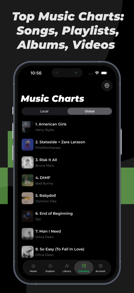 Music Lite - Music Player - Screenshot of the Music Lite app showing top trending music charts with a list of popular songs