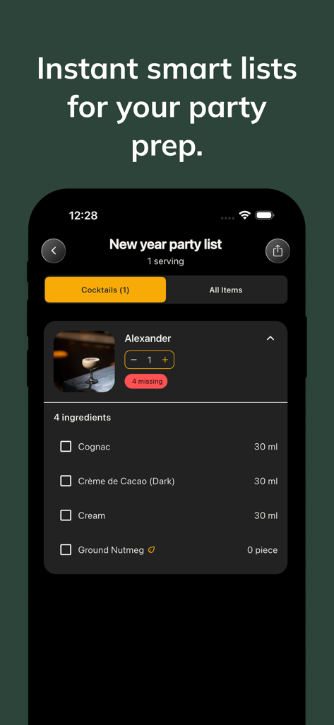 Cocktails & AI Bartender - A mobile app interface displaying a smart shopping list for a cocktail party including ingredients for an Alexander drink