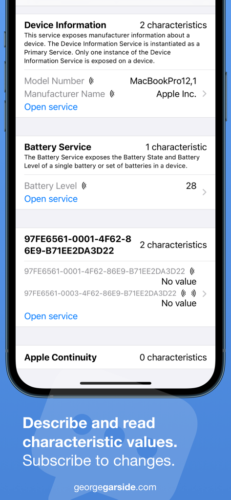 Bluetooth Inspector - Bluetooth Inspector app screen showing device information battery level and UUID characteristic details