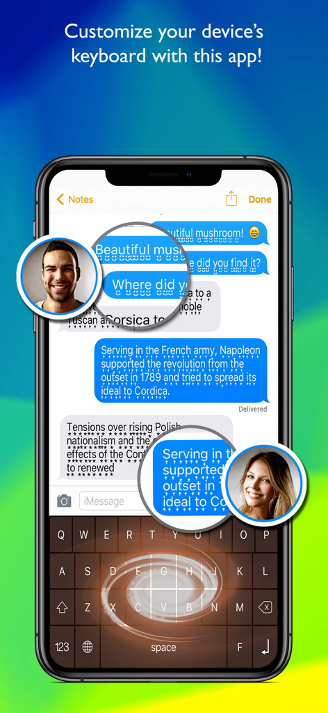 Pantalla de iPhone que muestra fuentes decorativas personalizadas y un fondo de teclado estilizado en una aplicación de mensajería