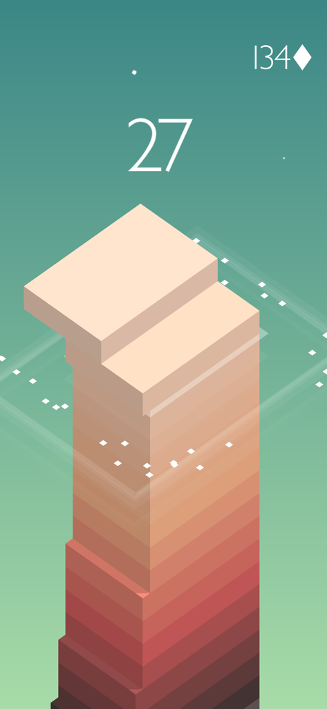 A high tower of blocks in the mobile game Stack by Ketchapp with a score of 27.