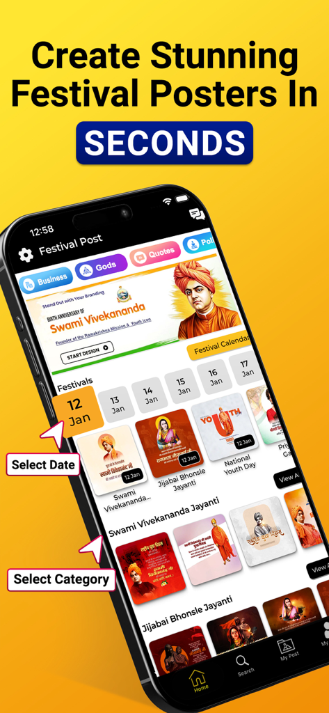 Mobile app interface for Festival Design Poster Maker showing Indian festival templates and calendar selection.
