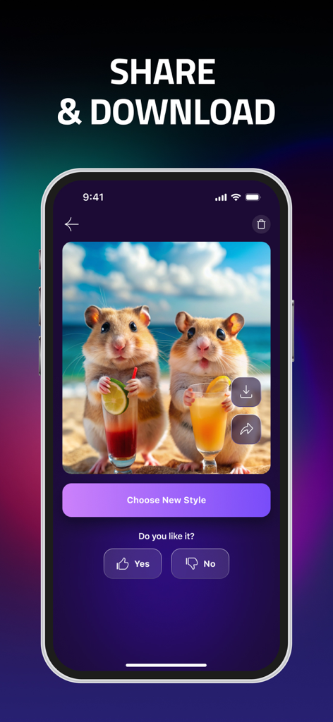 IMGIT - AI Images & Headshots - Interfaz de la aplicación IMGIT mostrando una imagen generada por IA de dos hámsteres con opciones para compartir y descargar.