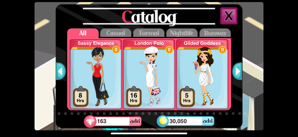 In-game catalog showing different clothing lines and stocking times in Fashion Story