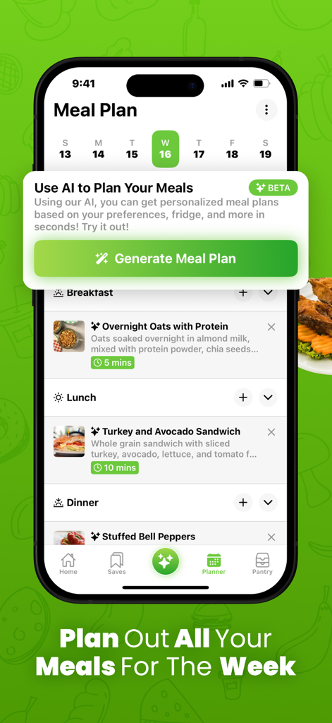 Aplicación Cookpanion que muestra un plan de comidas semanal con un indicador de generador de recetas de IA y comidas programadas para desayuno, almuerzo y cena