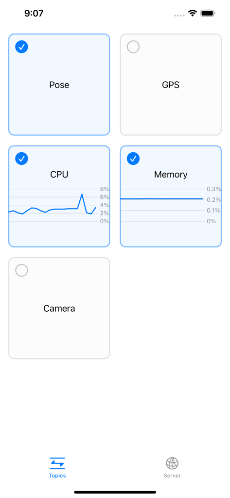 성능 그래프가 있는 로봇 센서 데이터 주제를 표시하는 Foxglove WebSocket 브릿지 앱 화면