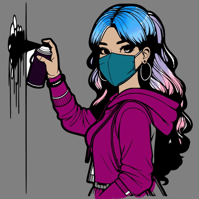 realistic girl with mask spray painting a wall