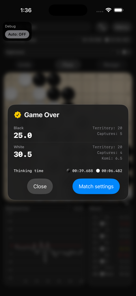 Go Lab: AI Baduk KataGo Engine - Spiel beendet-Bildschirm in Go Lab, der eine detaillierte Punktaufschlüsselung für schwarze und weiße Spieler einschließlich Territorium und Steinen zeigt.
