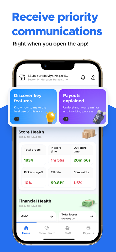 Blinkit Partners - Tela inicial do aplicativo Blinkit Partners exibindo métricas de saúde da loja em tempo real e visão geral financeira