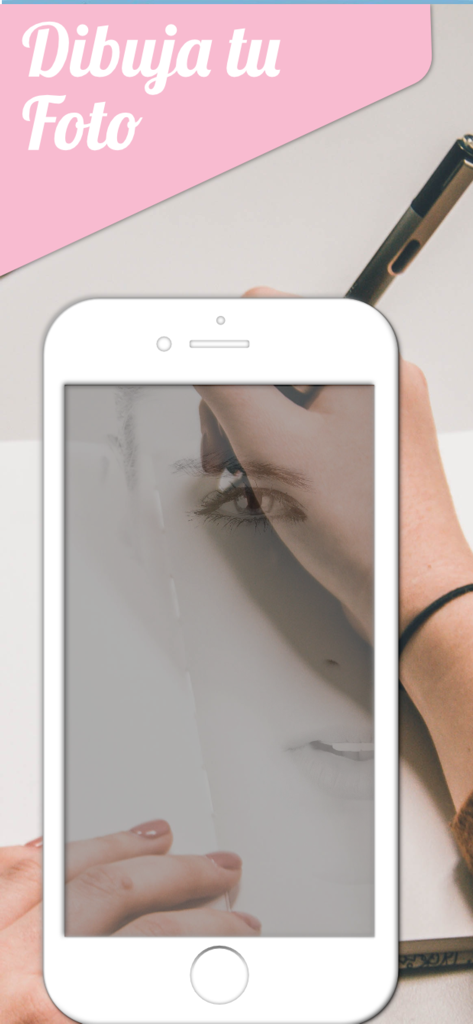 Calca app - Smartphone displaying a face photo for tracing onto paper with a pen using Calca app