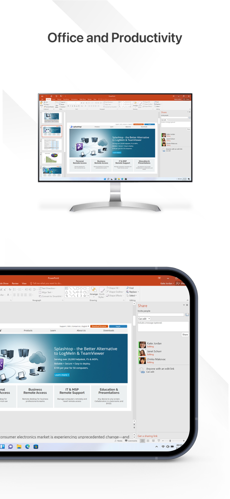 Splashtop Business - Splashtop Business app displaying remote desktop access for office productivity on a computer monitor and a mobile tablet.