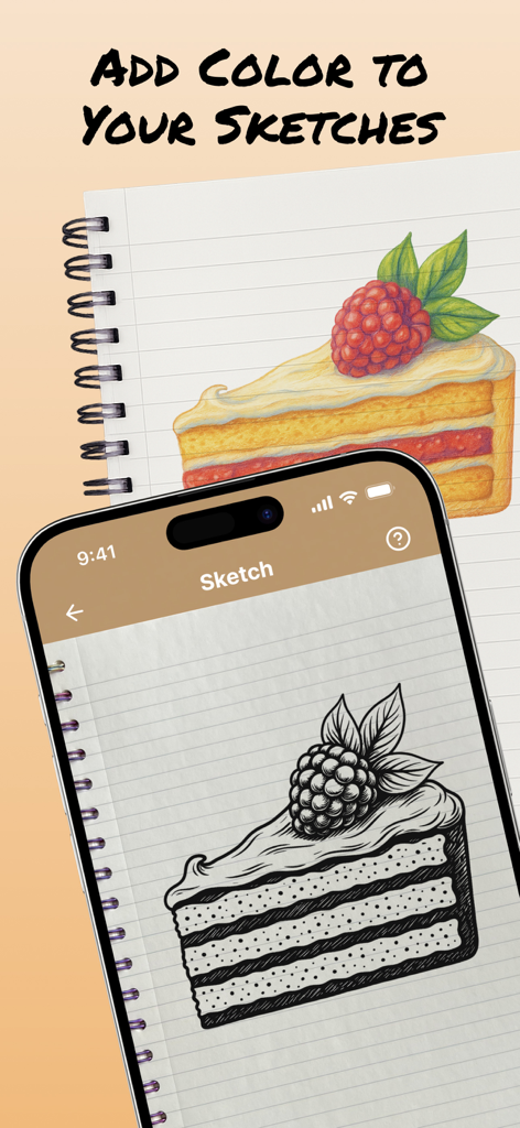 Un téléphone affichant un croquis en noir et blanc d'une part de gâteau à côté d'une version colorée dans un carnet.