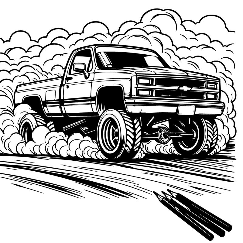 a lifted chevy truck doing a burnout