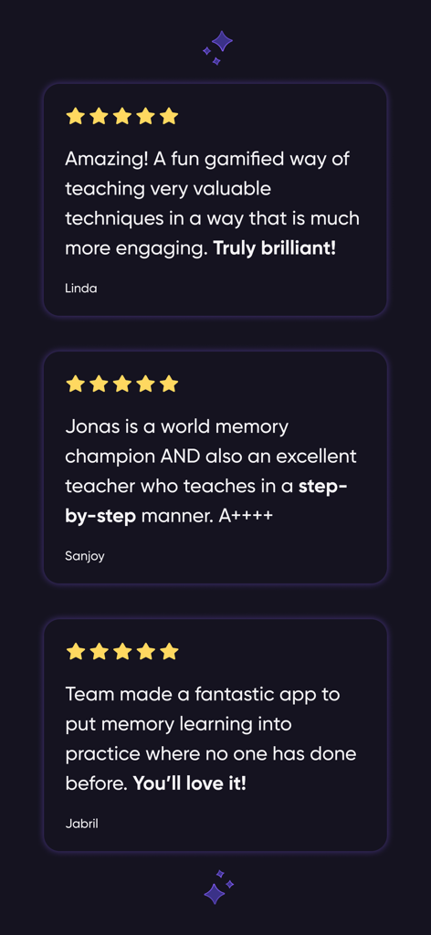 Drei 5-Sterne-Nutzerbewertungen für die memoryOS-App, die ihr gamifiziertes Lernen und die Expertenanleitung hervorheben