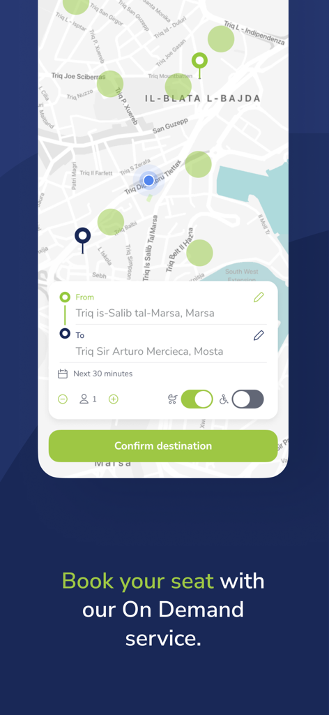 Interface for booking an on-demand bus seat on the Tallinja app in Malta.