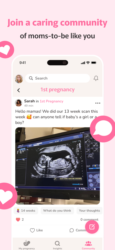 Le fil d'actualité de l'application WeMoms montre une mère partageant son échographie pour obtenir du soutien et des conseils.
