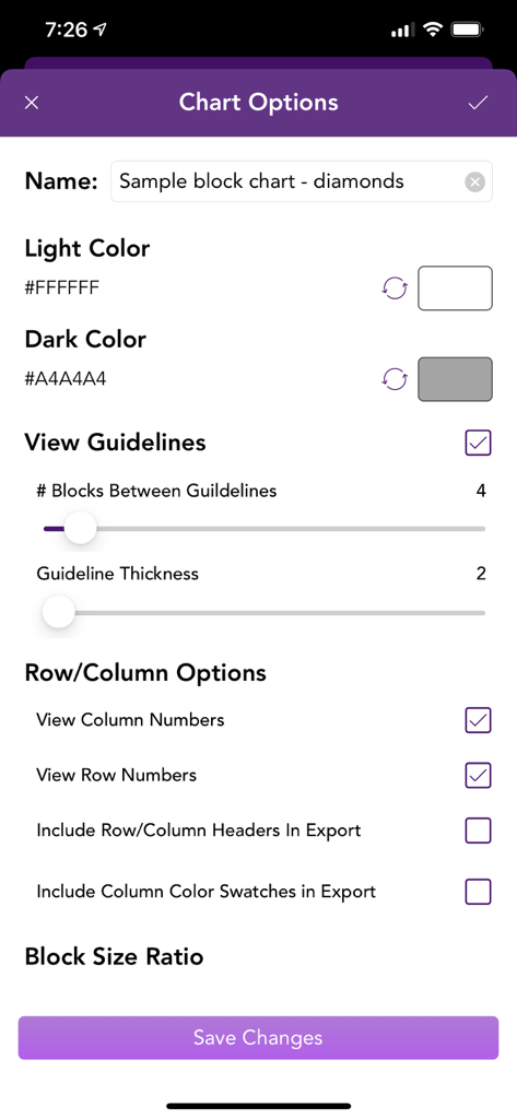 Chart options screen in the Warp Visualizer app showing settings for colors guidelines and row column display