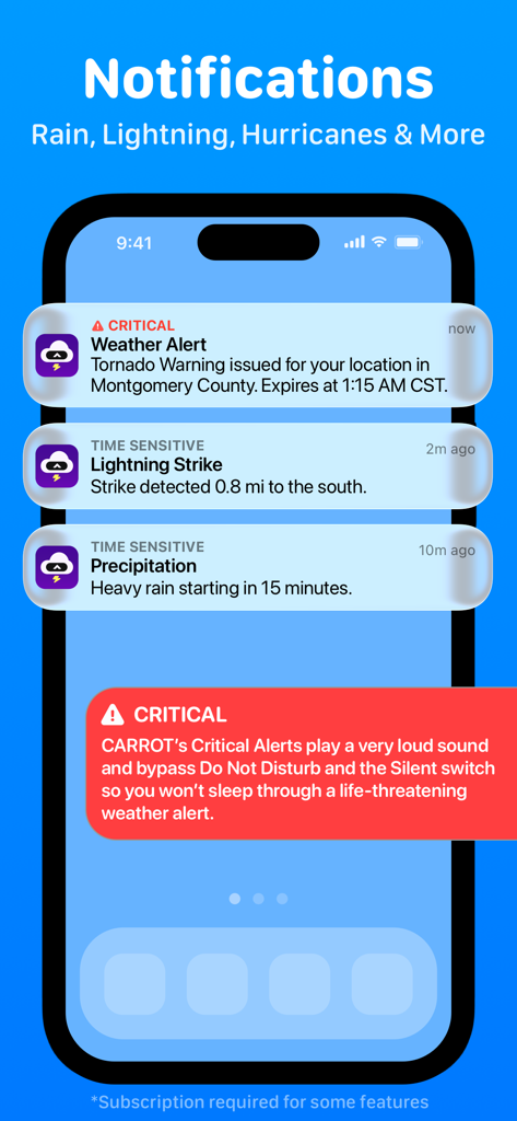 CARROT Weather: Alerts & Radar - App CARROT Weather mostrando alertas críticas de tornados, relámpagos y lluvia en un iPhone.