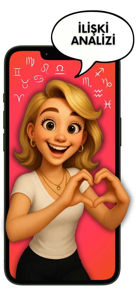 Happy cartoon woman making a heart sign for the relationship analysis feature on the Astromatik app