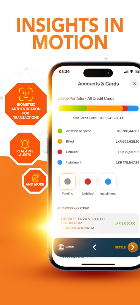 Sampath Vishwa Retail - A mobile app screen showing credit card usage portfolio with real time alerts and biometric authentication options