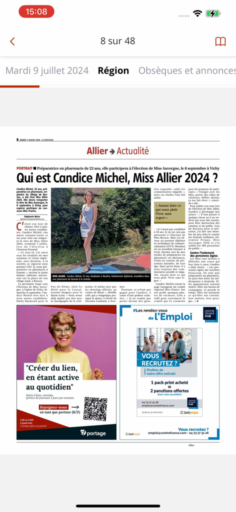 Digital version of Centre France newspaper showing a regional article about Miss Allier 2024 and advertisements.