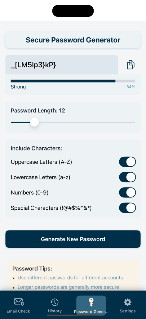 Interface of the Leak Lock secure password generator showing a strong password with a strength meter and customization toggles
