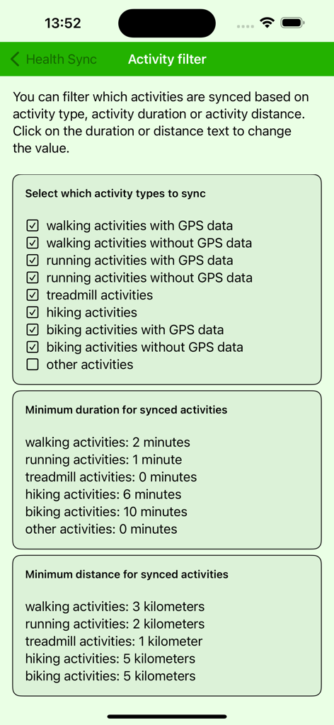 Health Sync by appyhapps - Activity filter settings screen in the Health Sync app showing options to filter synced workouts by type duration and distance