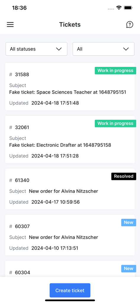 MyISP Portal - Support ticket list in the MyISP Portal app showing status updates and a create ticket button.