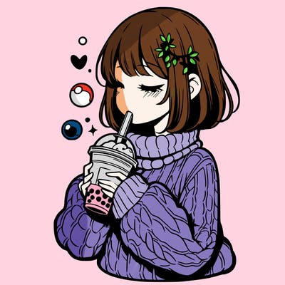 manga girl drinking boba in cozy sweater