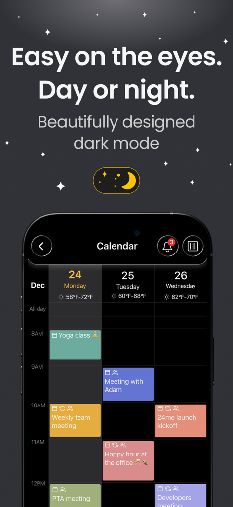 24me: Calendar・Planner & To Do - Interfaz de la aplicación de calendario 24me que muestra la hermosa función de modo oscuro.